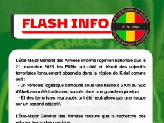 L’Etat-Major Général des Armées informe l’opinion nationale que le 21 novembre 2025, les FAMa ont ciblé et détruit des objectifs terroristes longuement observés dans la région de Kidal.