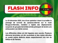 Le 29 décembre 2025, lors d’une opération visant à surveiller le passage de convois de camions-citernes sur la route Bougounie-Bamako, l’aviation a repéré des déplacements suspects de groupes