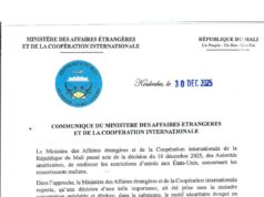 Communiqué du 30 décembre 2025 par lequel le Ministère des Affaires étrangères et de la Coopération internationale informe de la décision du Gouvernement de la République du Mali d’appliquer, en guise de réciprocité et avec effet immédiat, aux ressortissants américains, les mêmes conditions et exigences que celles imposées par les Autorités américaines aux citoyens maliens d’entrée aux États-Unis.