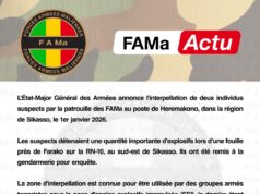 L’Etat-Major Général des Armées annonce l’interpellation de deux individus suspects par la patrouille des FAMa au poste de Heremakono, dans la région de Sikasso, le 1er Janvier 2026.