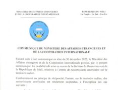 Communiqué par lequel le Ministère des Affaires étrangères et de la Coopération internationale précise les modalités de mise en œuvre de la décision du Gouvernement de la République du Mali, relatives à l’entrée de ressortissants américains sur le territoire malien, conformément à l’application du principe de réciprocité.
