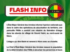 L’etat-Major général des Armées informe l’opinion nationale que dans le cadre des opérations de sécurisation du territoire,une patrouille FAMa a conduit une mission de libération d’otage dans les abords du village de Gourel Hairé, au nord-ouest de Nioro.